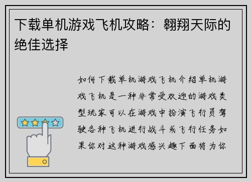 下载单机游戏飞机攻略：翱翔天际的绝佳选择