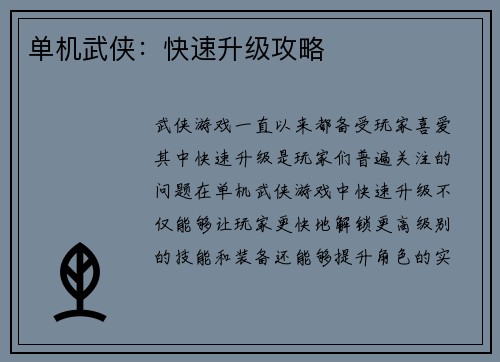 单机武侠：快速升级攻略